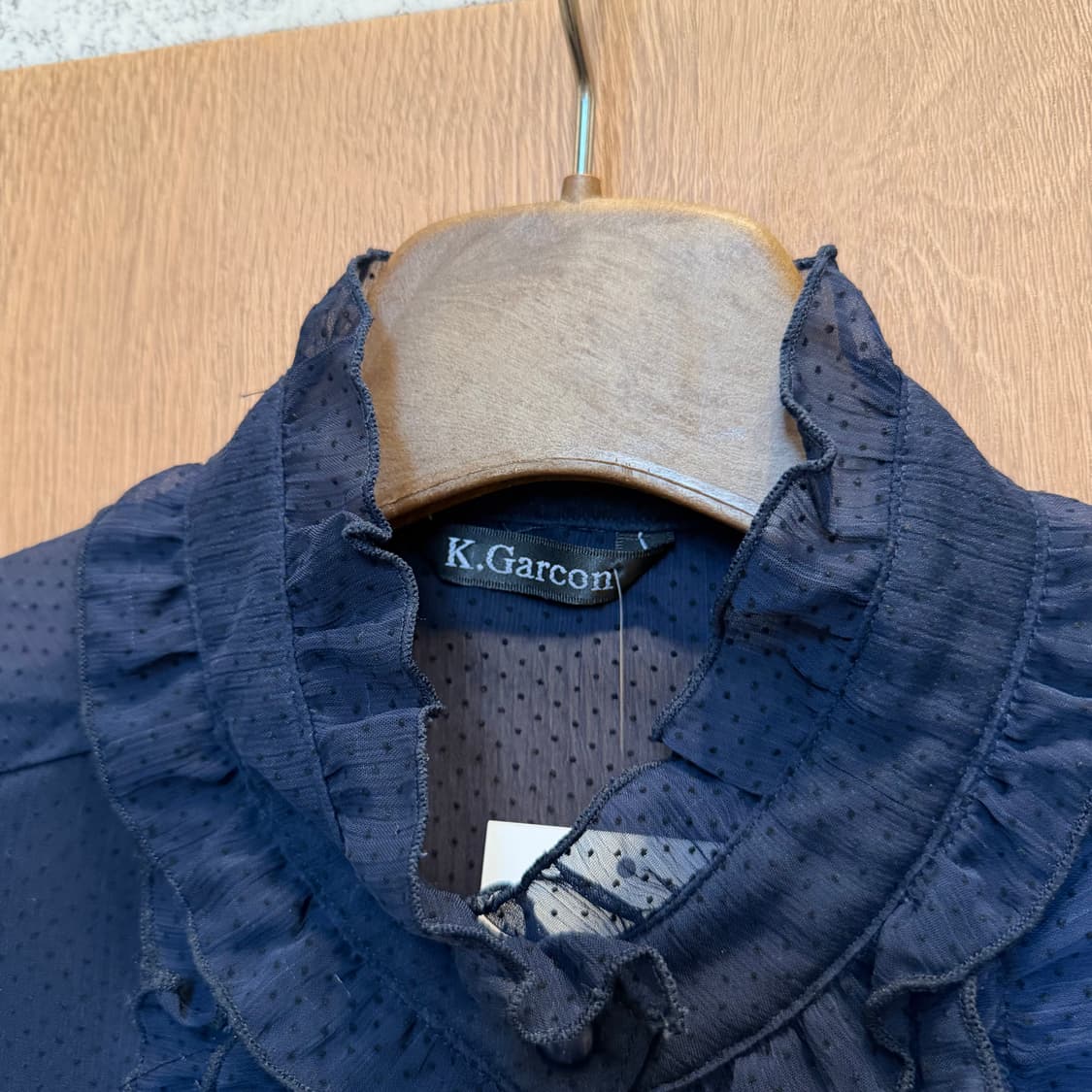 빈티지 하이넥 프릴 반팔 블라우스 도트 시스루 디테일 네이비 상품이미지5