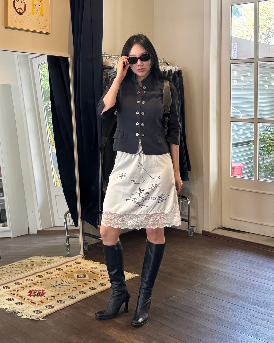 빈티지 블랙 레더 니하이 힐 부츠 상품이미지5