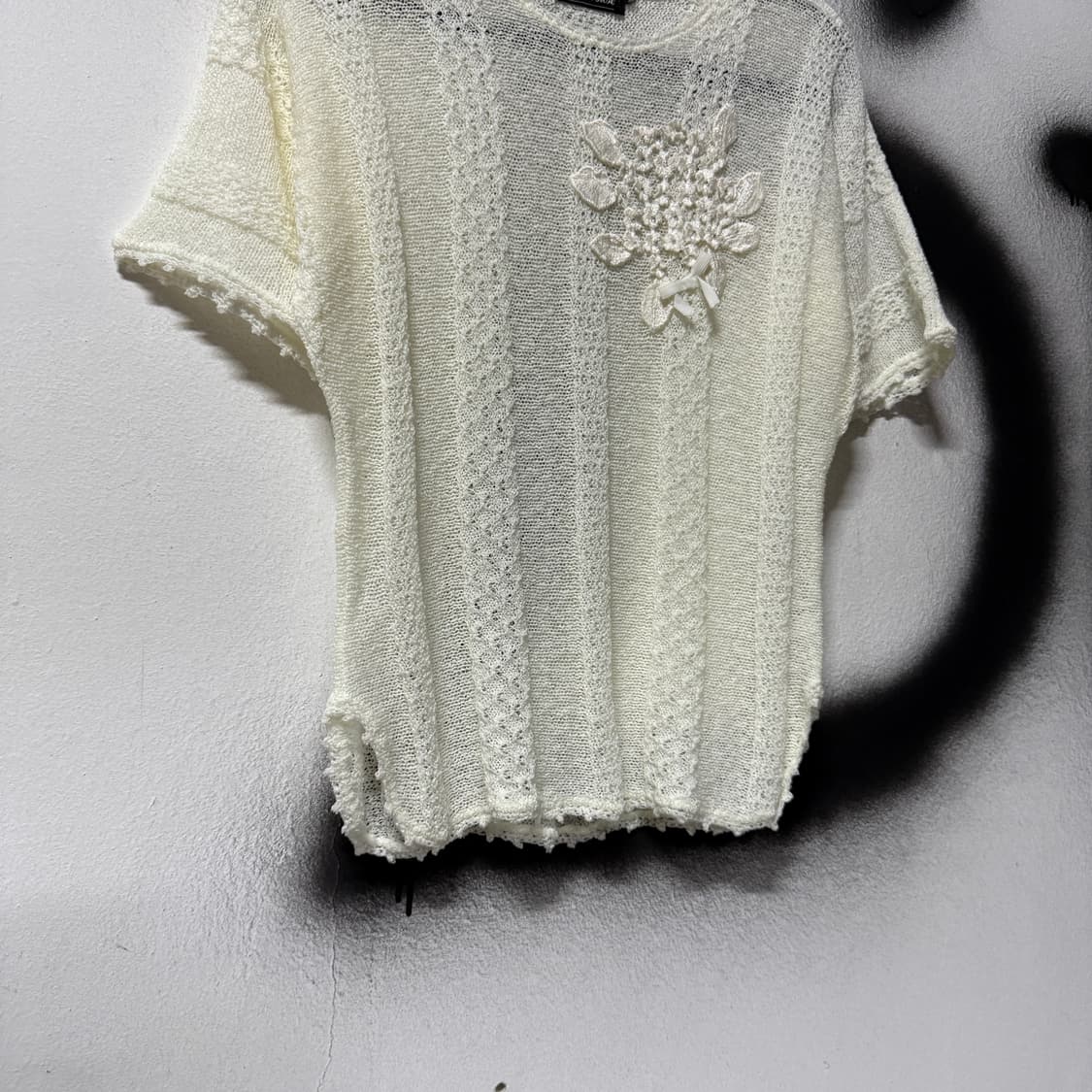 VTG 빈티지 크로쉐 코사지 아이보리 반팔 니트 상품이미지4