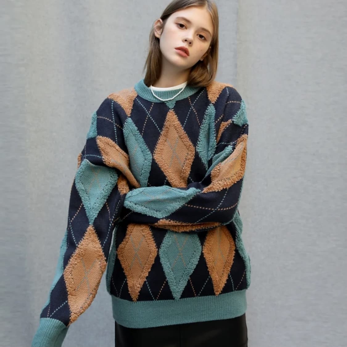 제네럴아이디어 레트로 아가일 오버핏 니트 스웨터 M size 상품이미지3