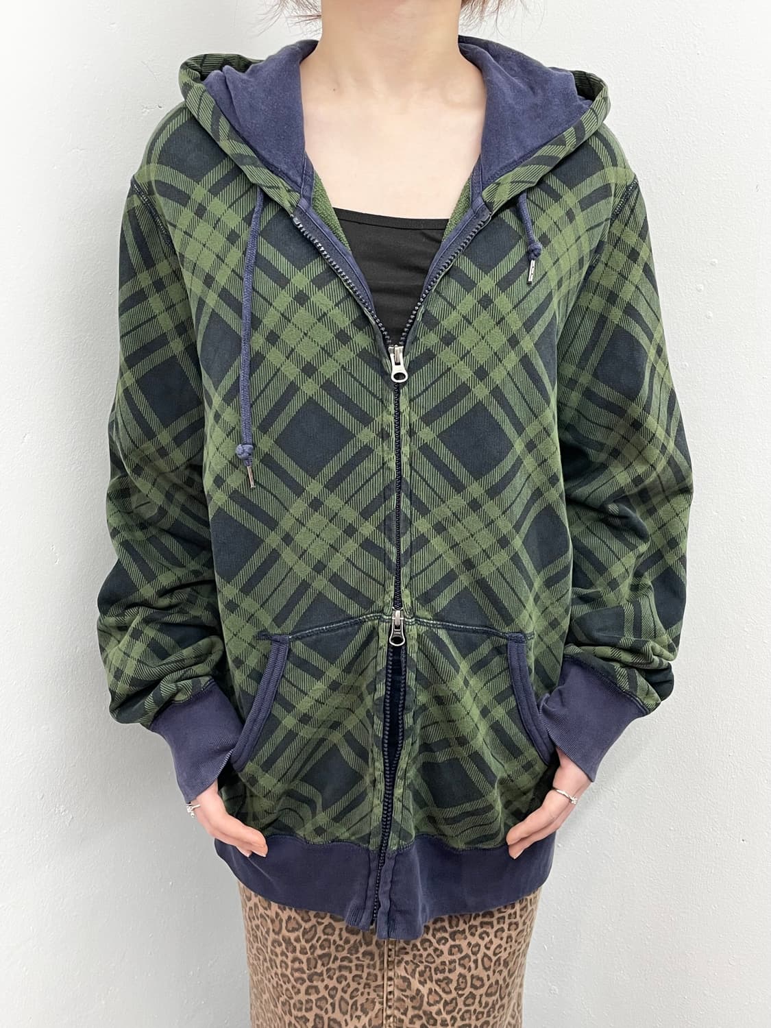 그린 체크 투웨이 후드집업 상품이미지3
