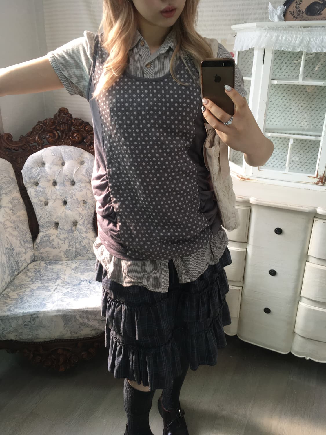 Set) 도트 셔링 레이어드 원피스 + 모리 스트라이프 셔츠 상품이미지4