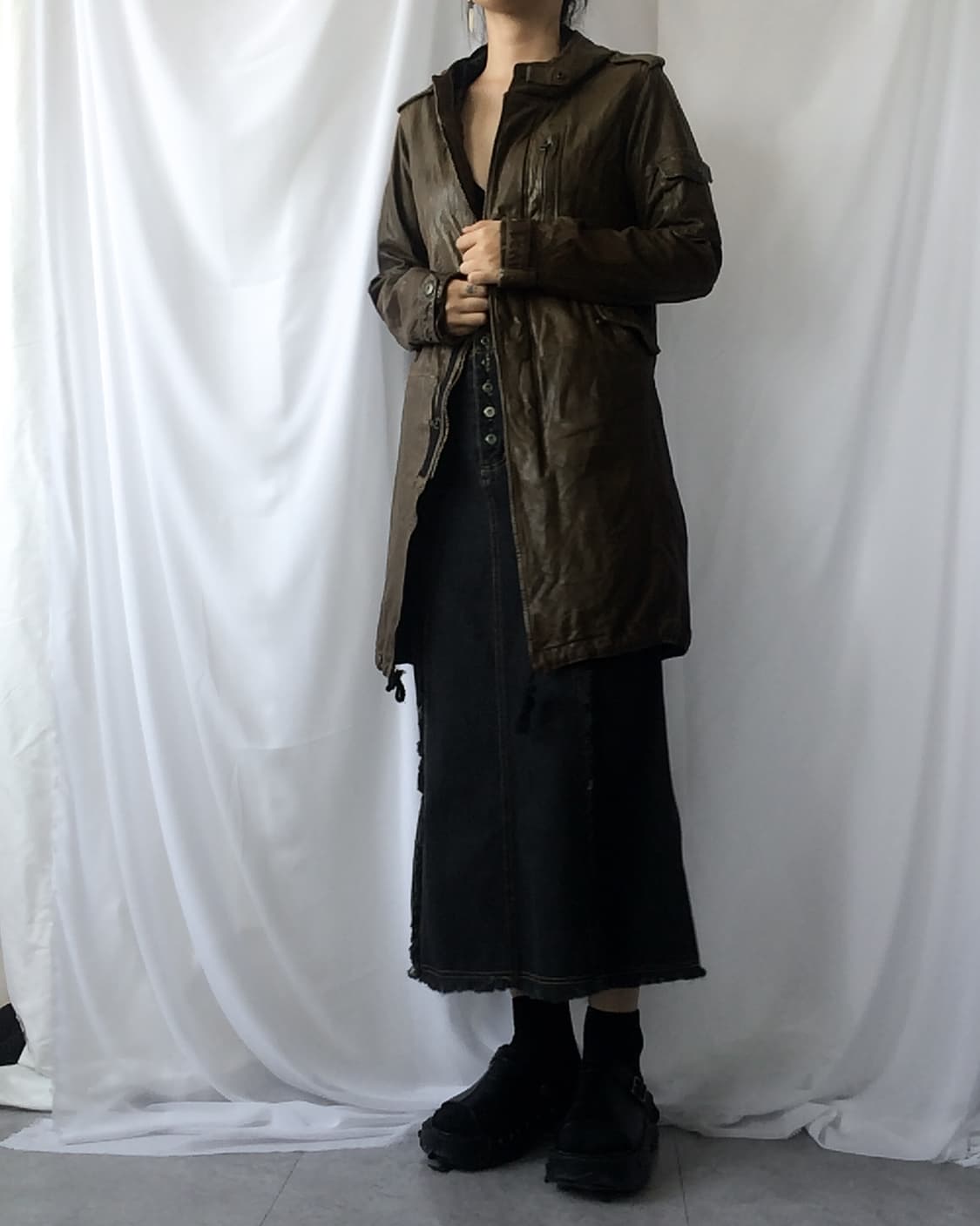 High neck long hood leather jacket 상품이미지10