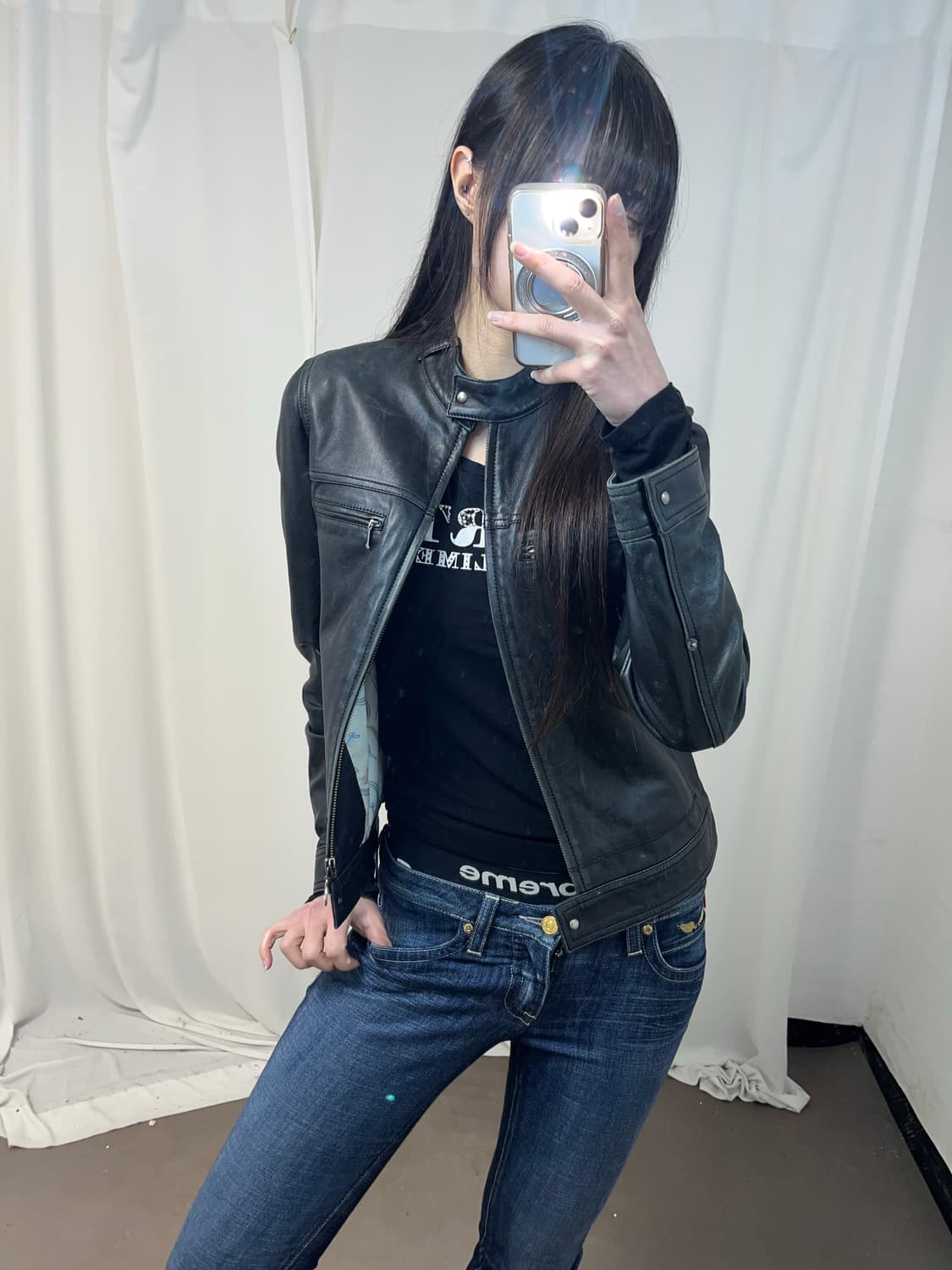 더블 지퍼포켓 블랙 레더 자켓 상품이미지1