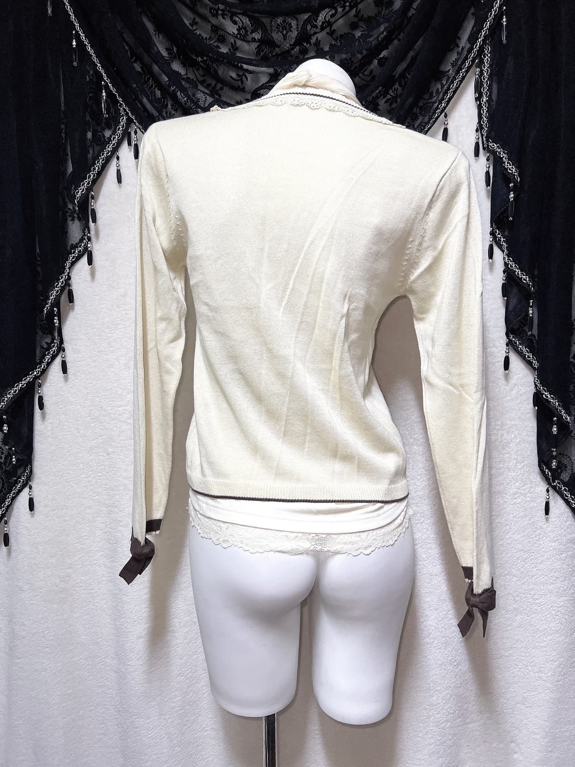 엑시즈팜 아가일 레이스 진주 리본 라떼갸루 로걀탑 니트 러블리 핀터 모리 상품이미지7