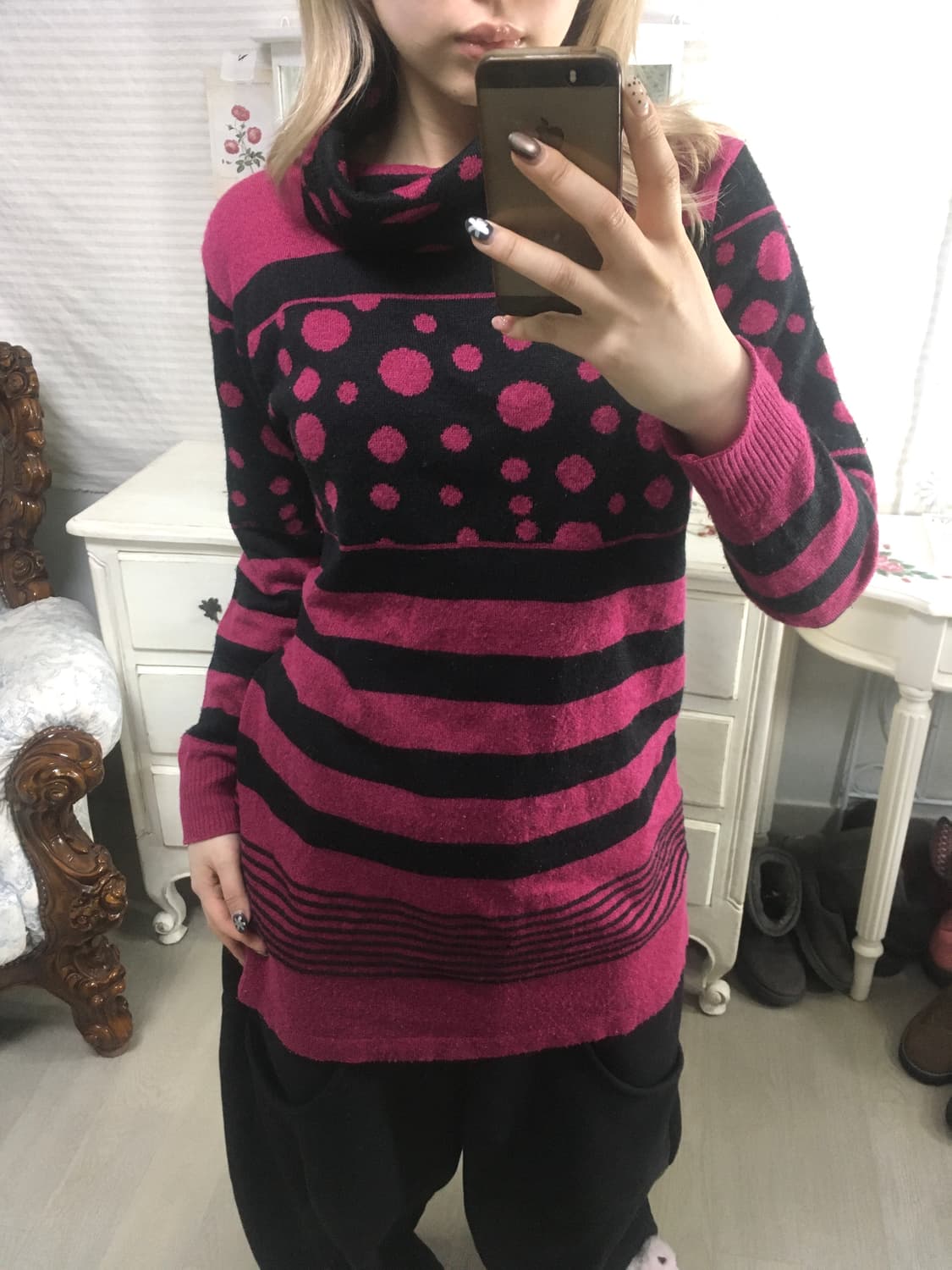 일본빈티지 도트 핑크 풀오버 니트 상품이미지1