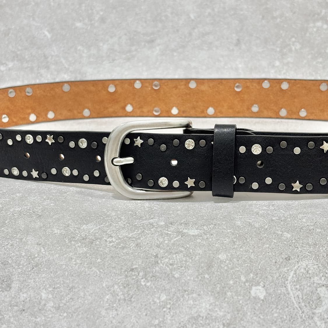 Oribell 트윙클 별 스터드 그로시 소가죽 웨스턴 벨트 블랙 상품이미지5