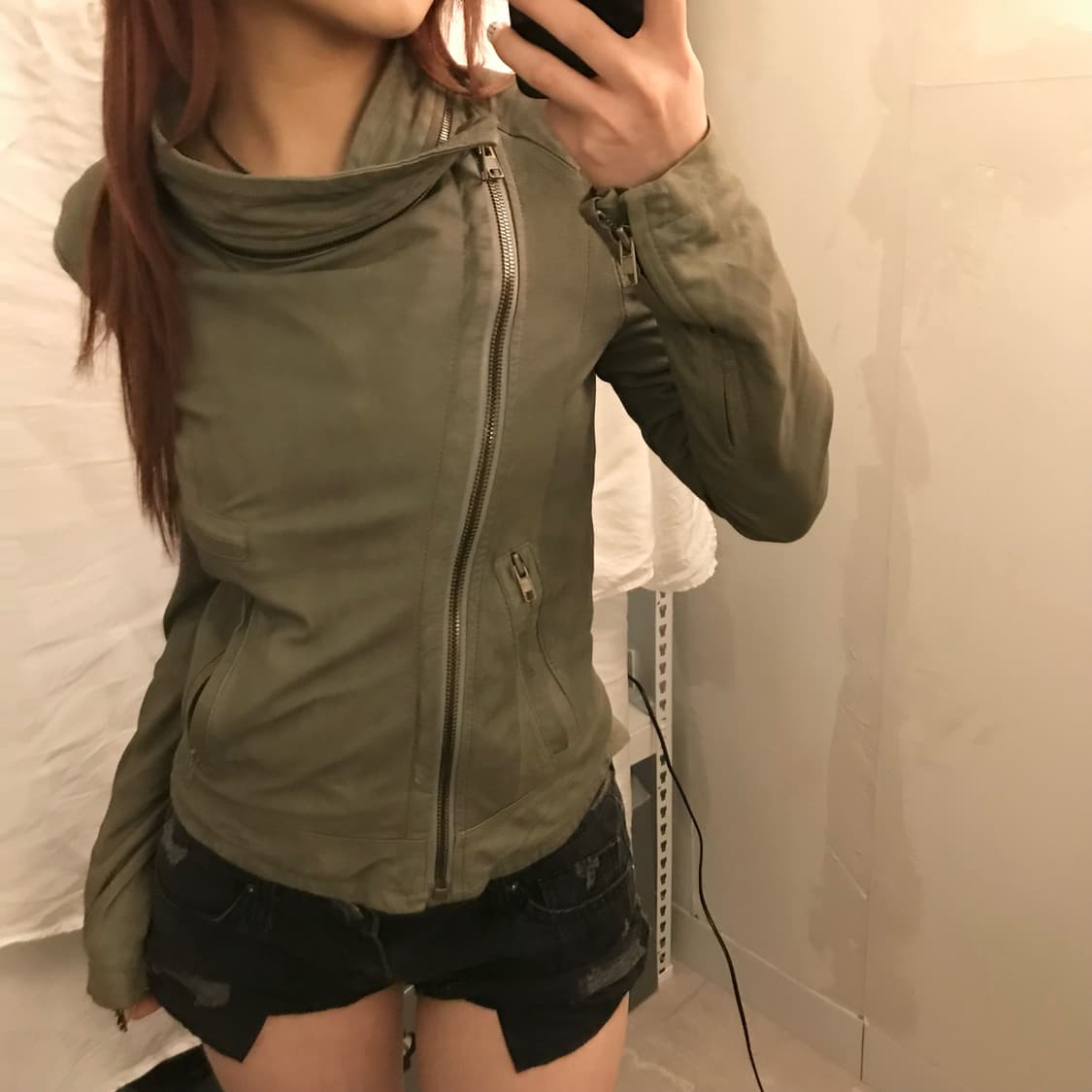 한섬 갸루 고딕 펑크 카키 가죽 자켓 상품이미지1