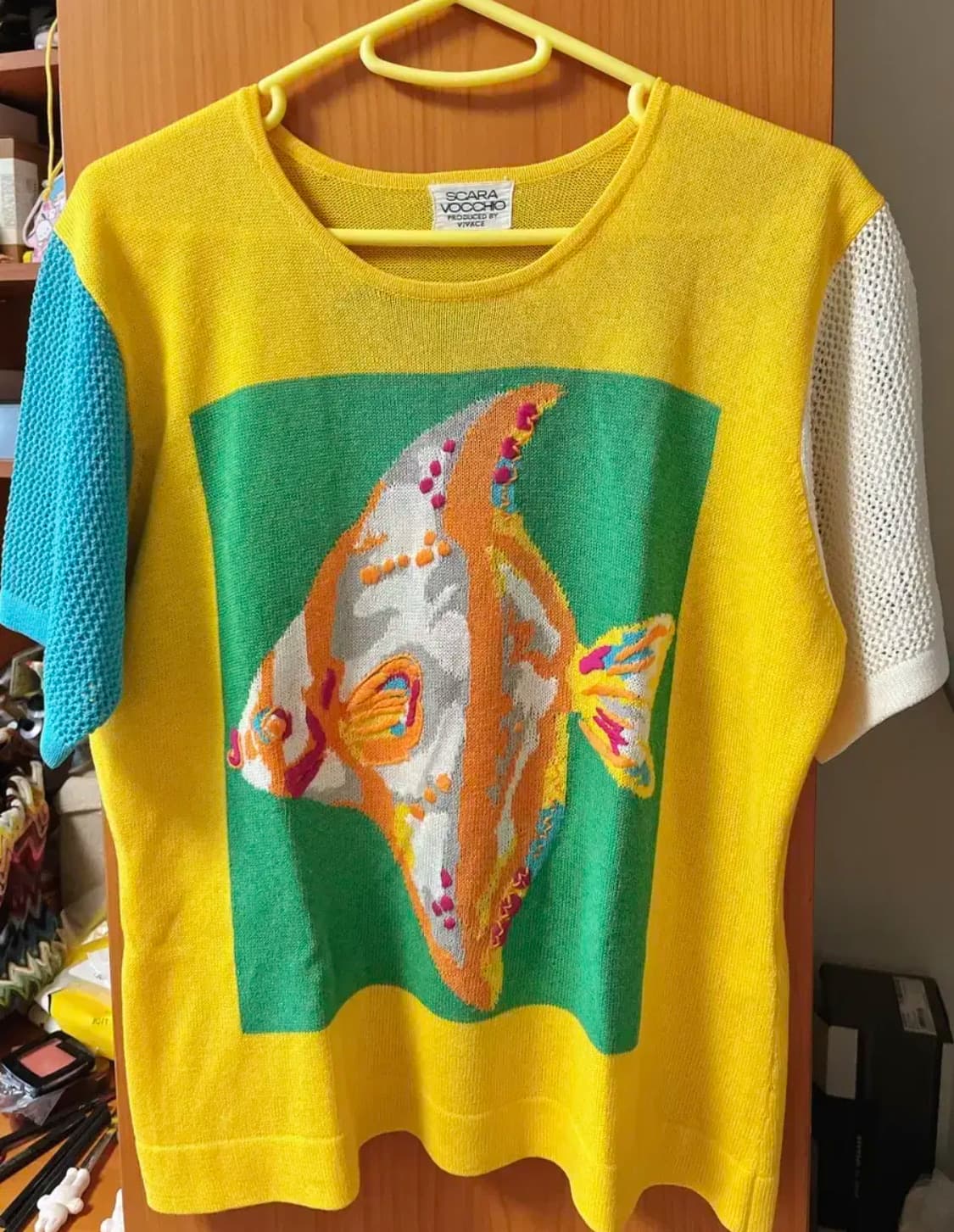 빈티지 몬니 여름 니트 그물 가디건 자수 티셔츠 블라우스 물고기 상품이미지1