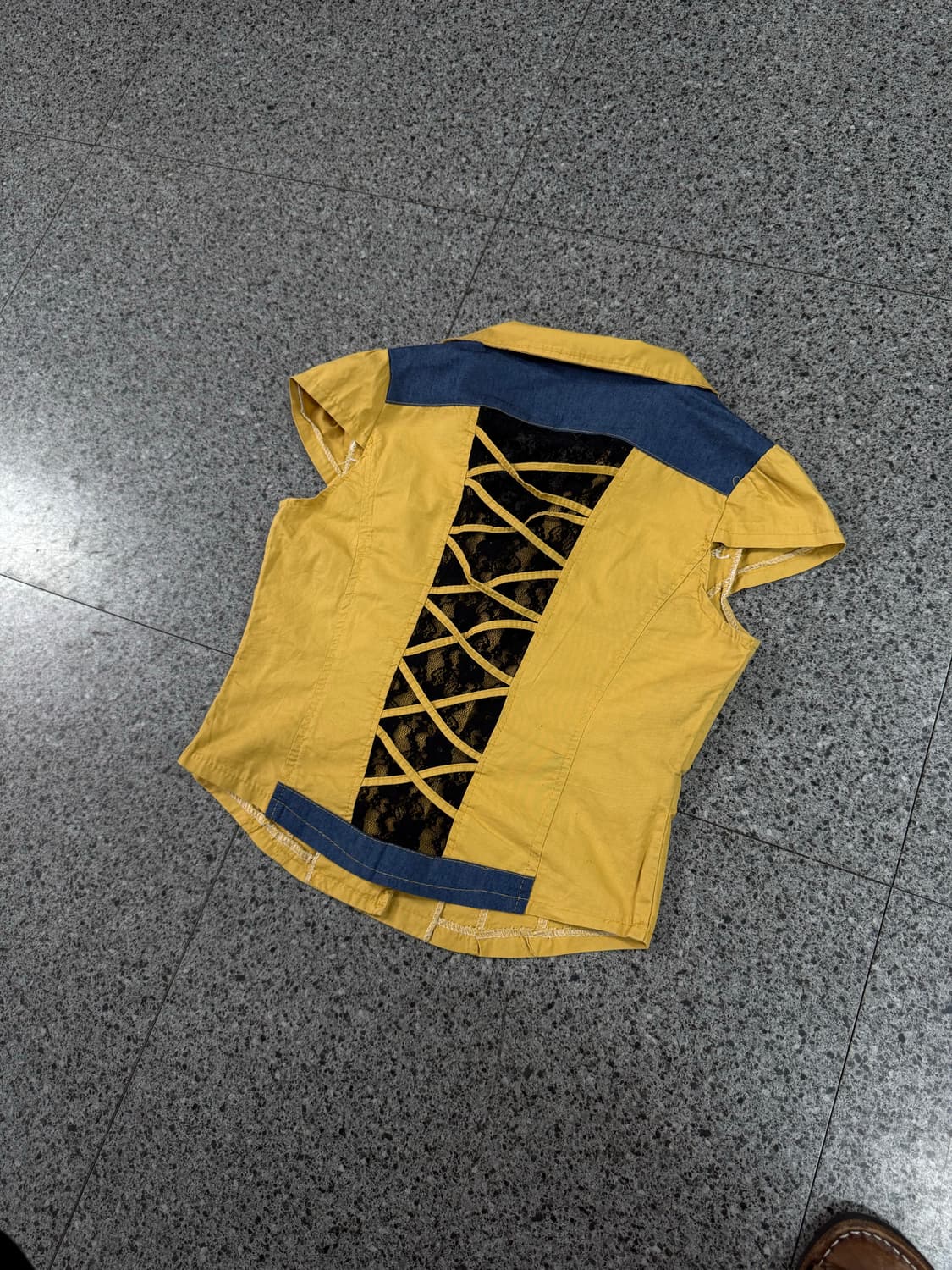 vintage yellow denim trim lace back vest 상품이미지3