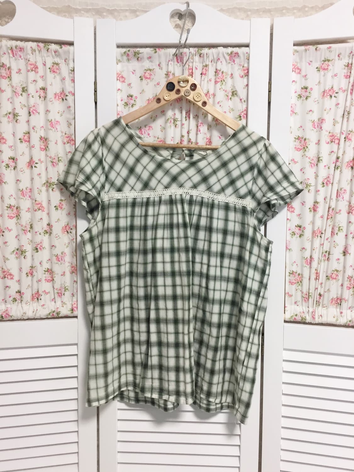 빈티지 그린 체크 블라우스 상품이미지1