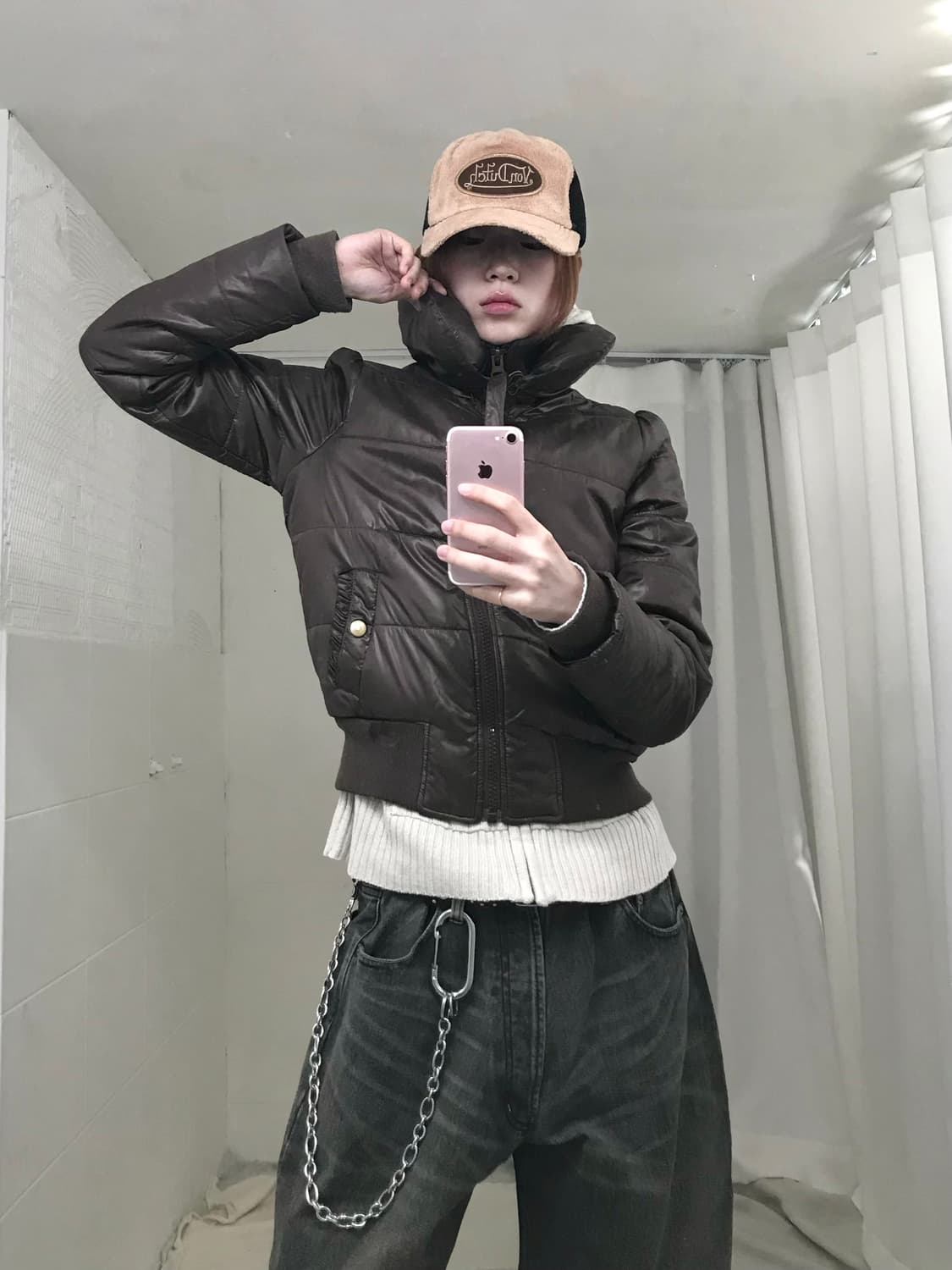 빈티지 브라운 캐주얼 슬림 스트릿 글로시 패딩 코디 세트 상품이미지3