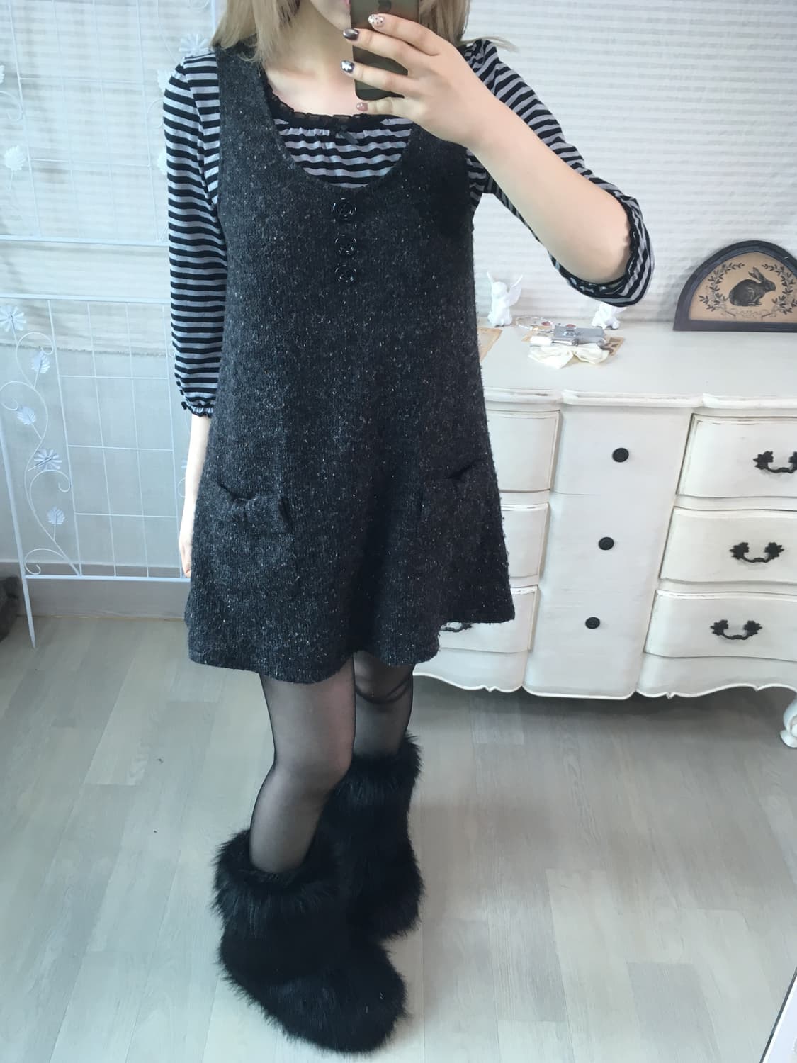 Set)stripe frill t + ribbon one piece 상품이미지3