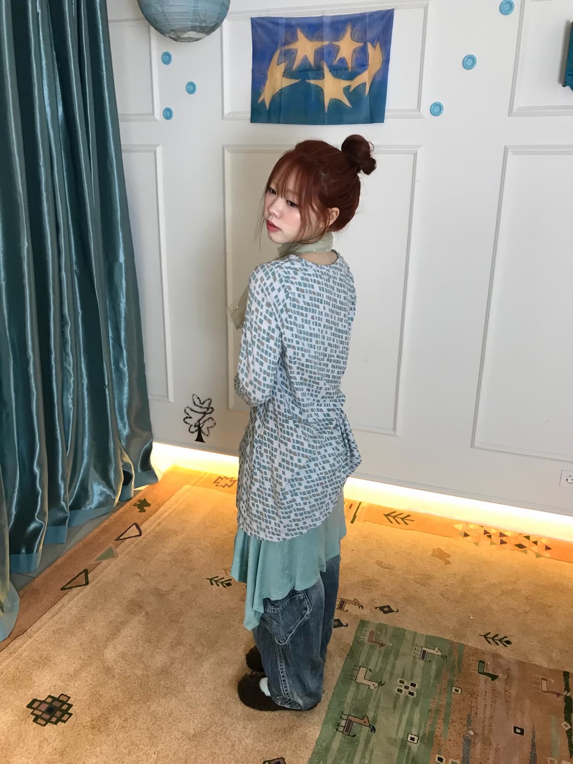 페일 민트 컬러 가디건과 귀여운 데님 벌룬팬츠 조합𖧧𓂃˖₊🫧🍵 상품이미지5