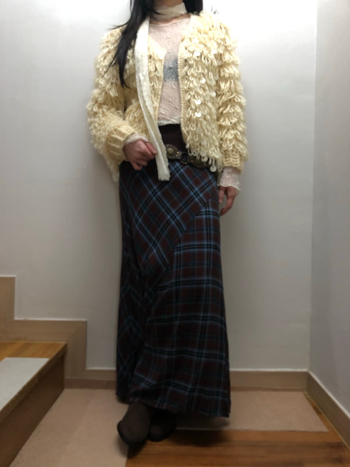 빈티지 다크브라운 체크 롱 스커트 상품이미지5