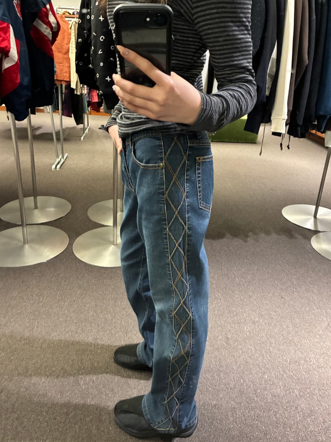 42)Japanese vintage 여성 격자 스티치 데님팬츠 상품이미지1