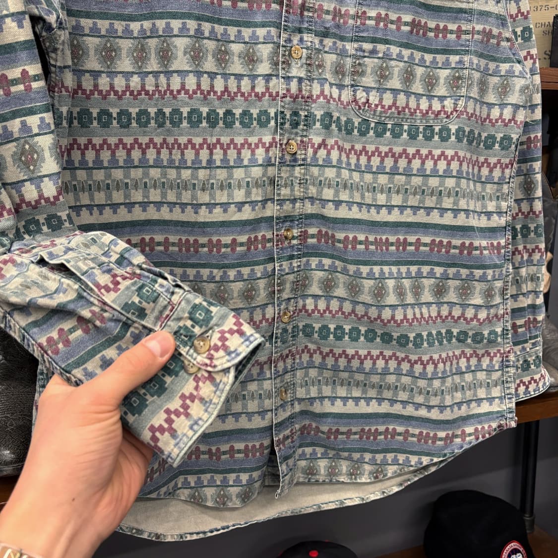 90s 울리치 러기드 올오버 아즈텍 패턴 그래픽 펜포켓 워크셔츠 N578 상품이미지4