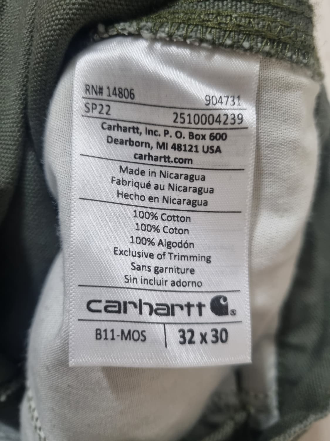칼하트 모스그린 워크팬츠 B11 32X30 상품이미지5