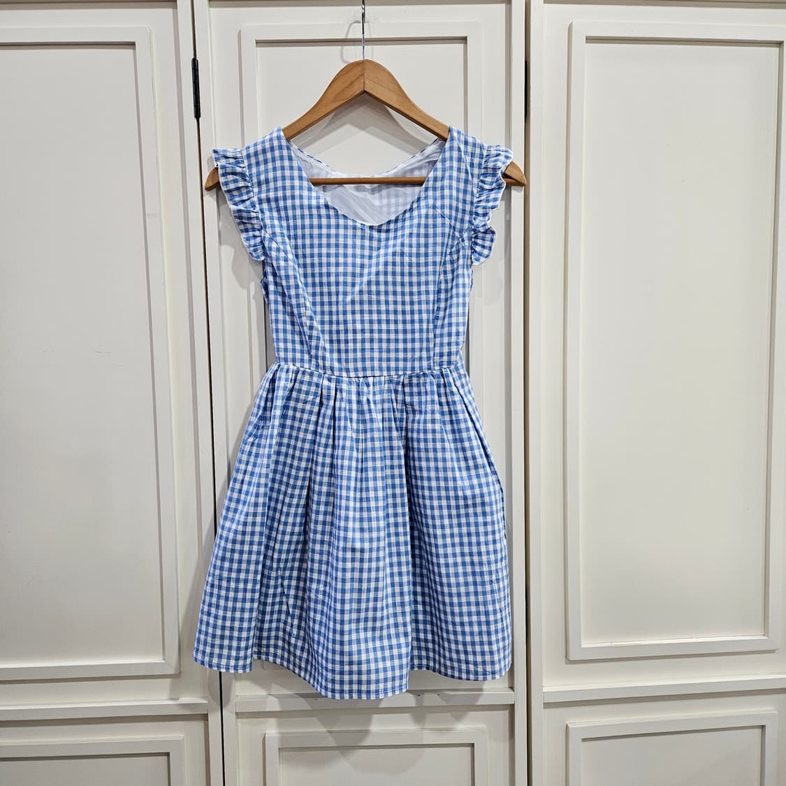 블루 깅엄체크 플레어 원피스 상품이미지1