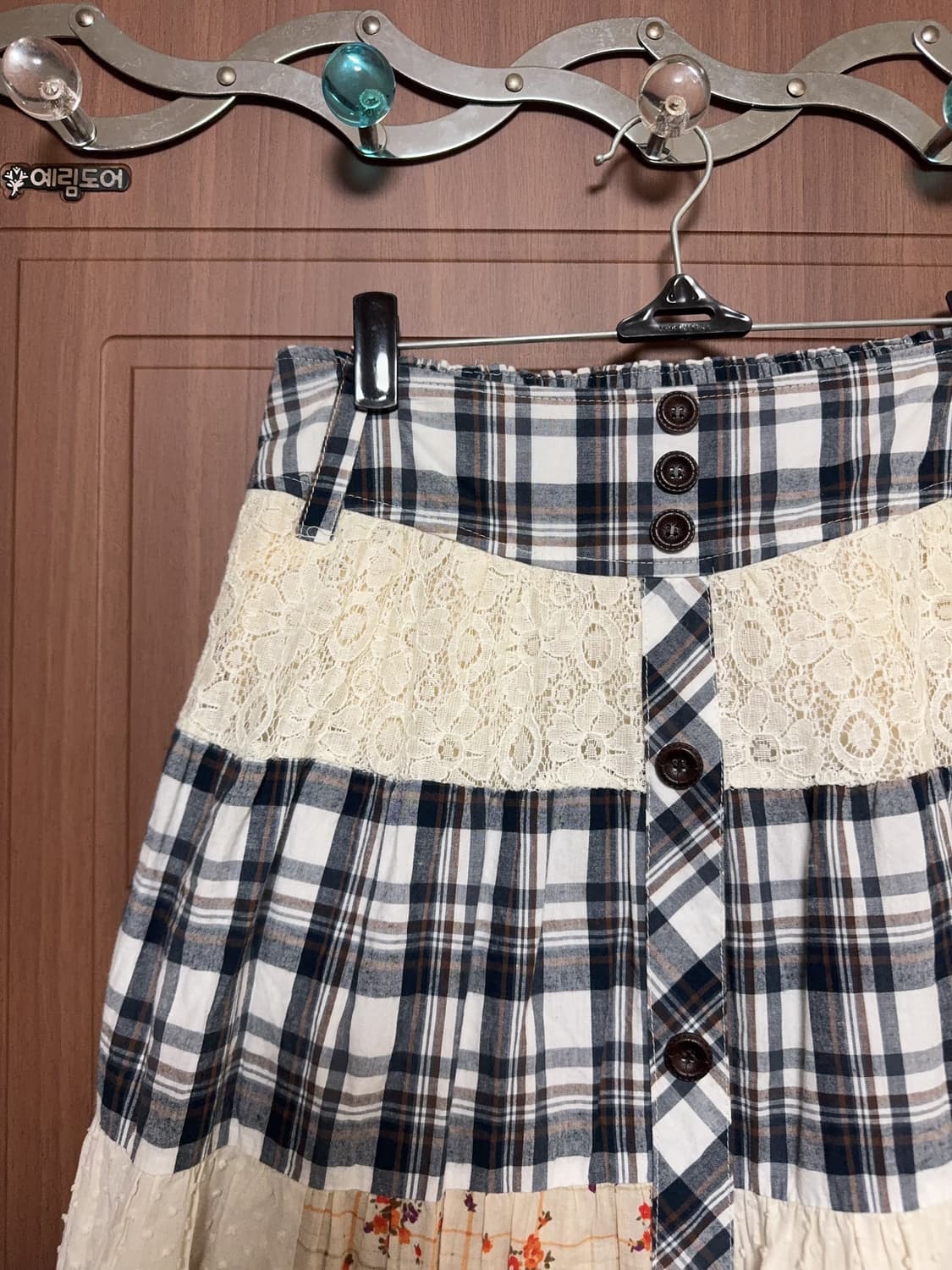 모리걸 하구미 일본 빈티지 패치워크 체크 도트 잔꽃 롱 스커트 상품이미지2