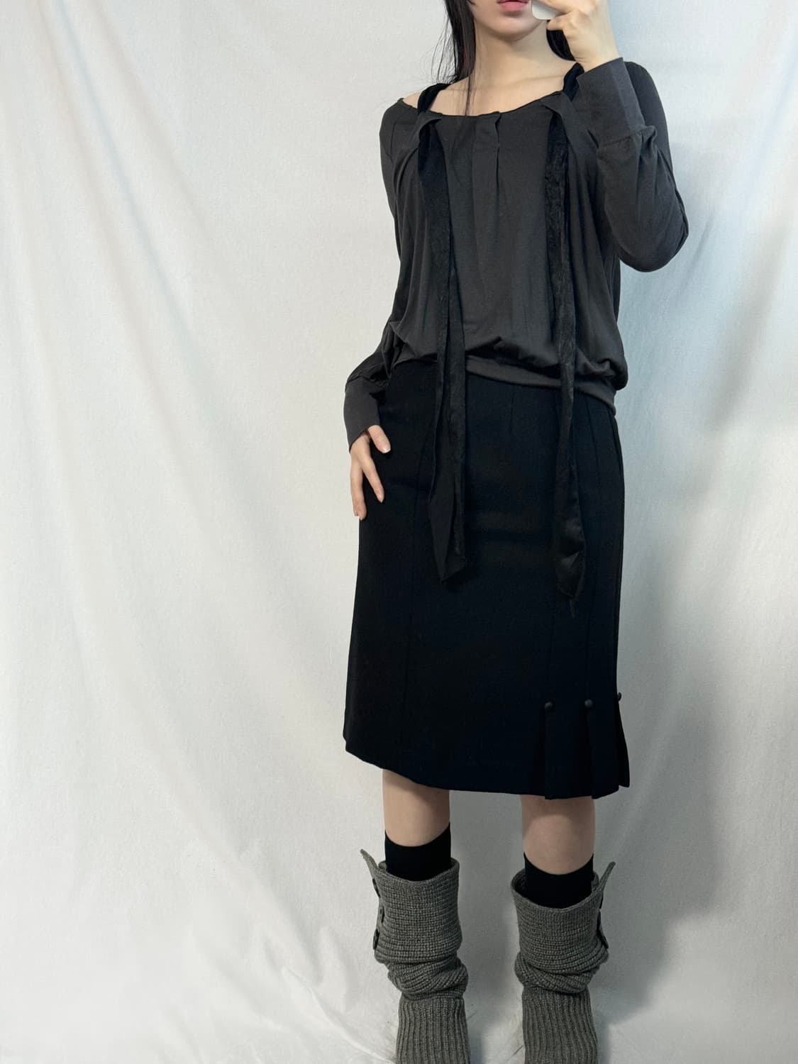 리본 타이 넥 탑 울 스커트 2pcs SET 상품이미지5