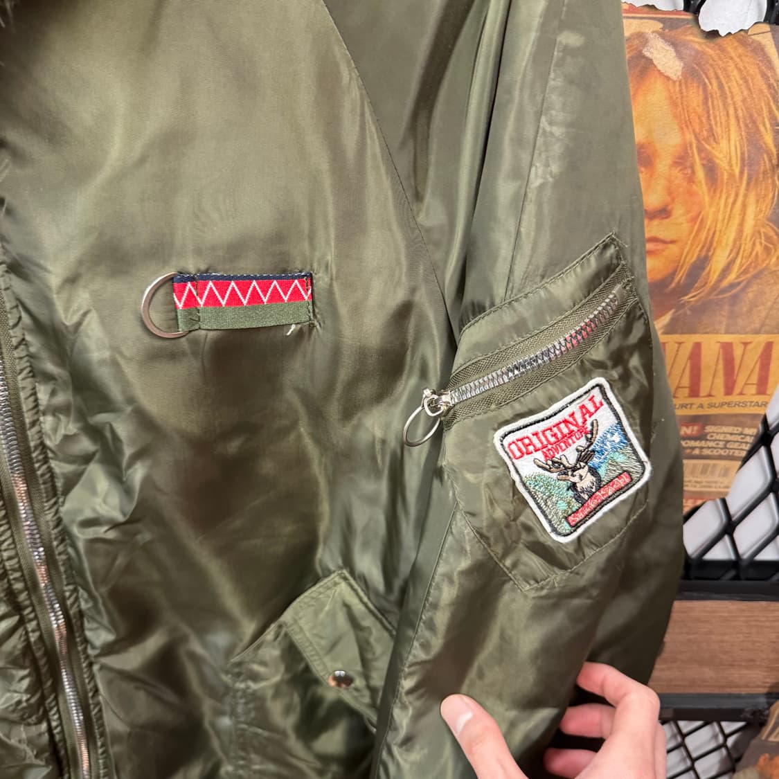 90s JPN VINTAGE 오리지널 자수 패치 후드 퍼 파카 카키 상품이미지5