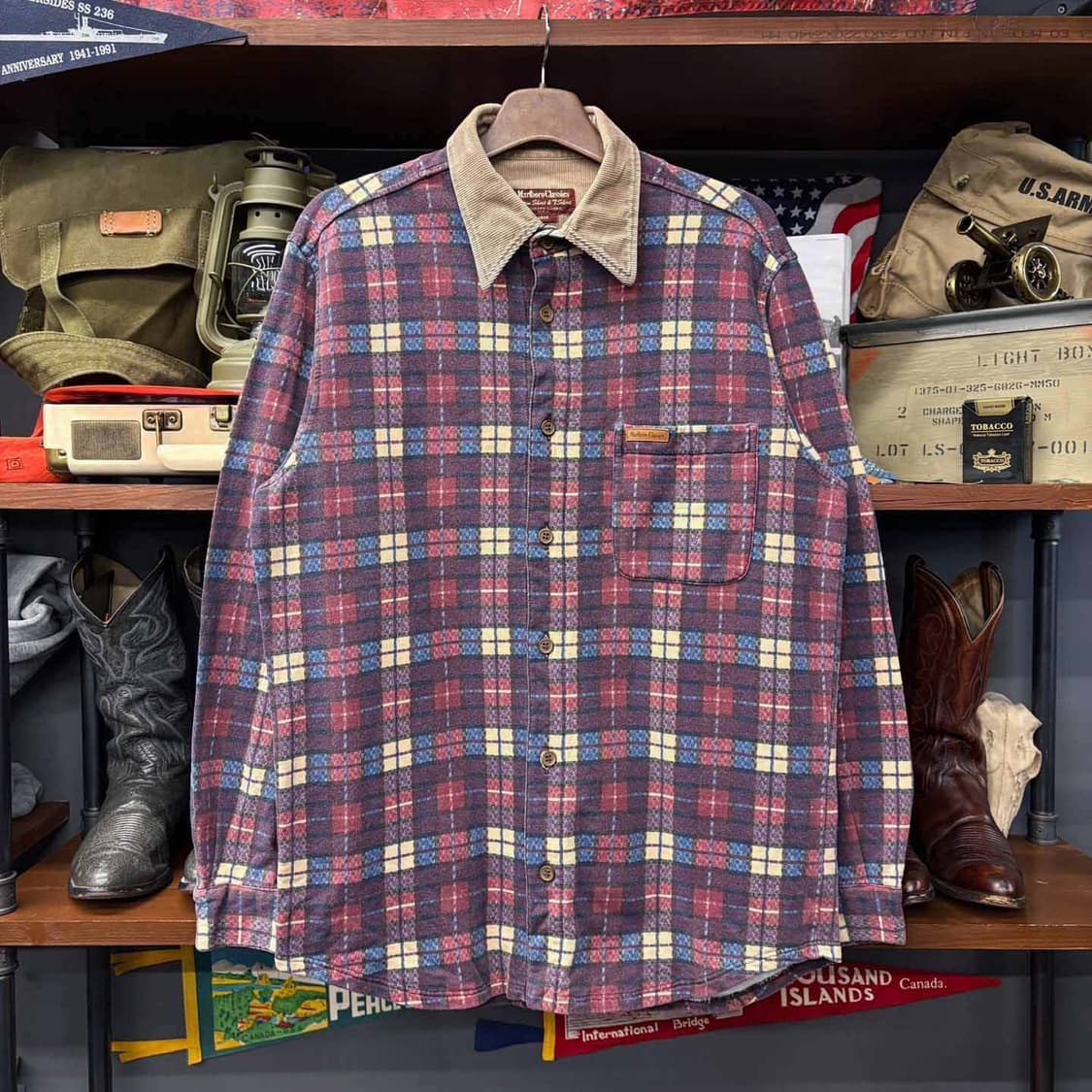 90s 말보로 클래식 USA 코듀로이 카라 체크 포켓 셔츠 N495 상품이미지1