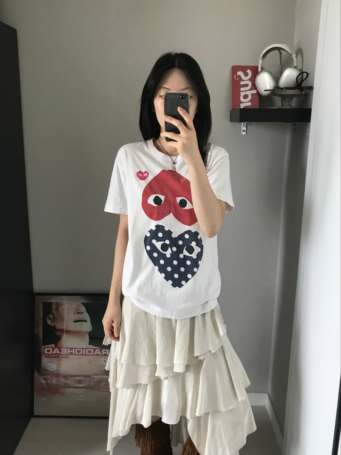 (W) 플레이 꼼데가르송 폴카 닷 업사이드 다운하트 반팔티 아이보리 상품이미지3