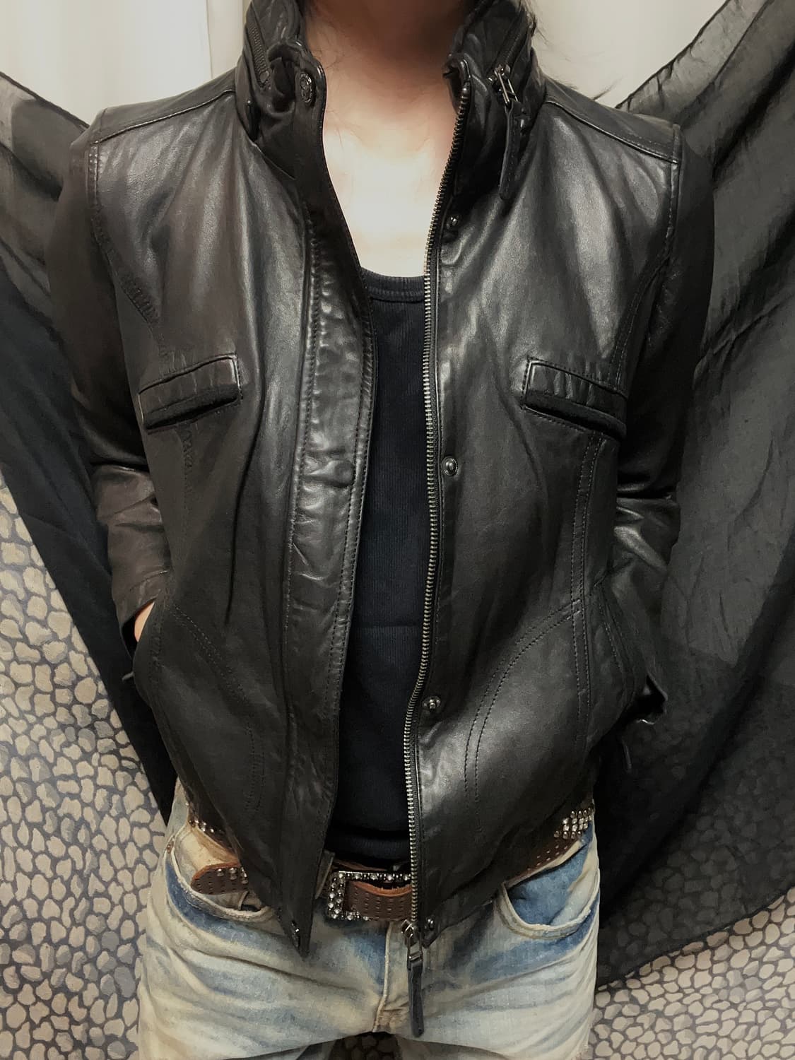 렘 스킨 하이넥 지퍼 블랙 레더자켓 상품이미지3