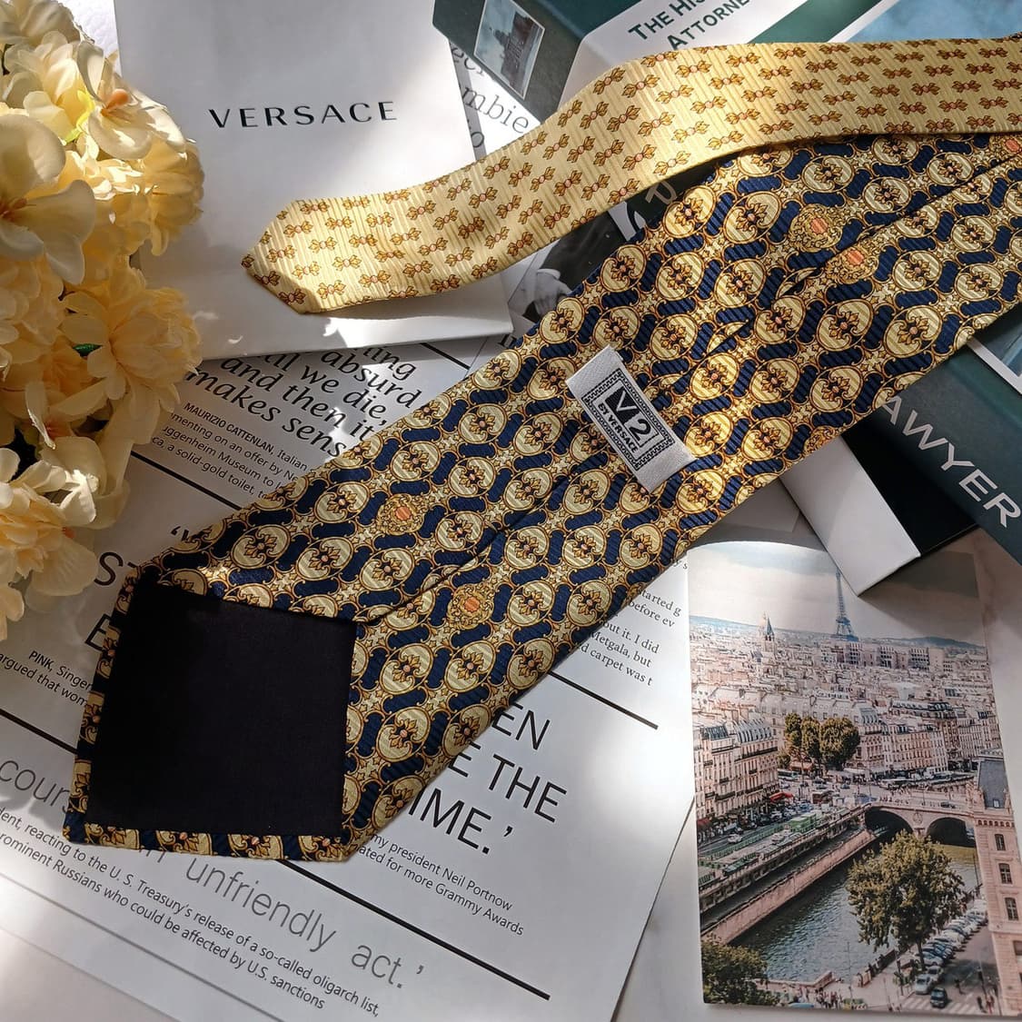 베르사체 실크 옐로우 패턴 넥타이 10.2cm B등급 E839 상품이미지3