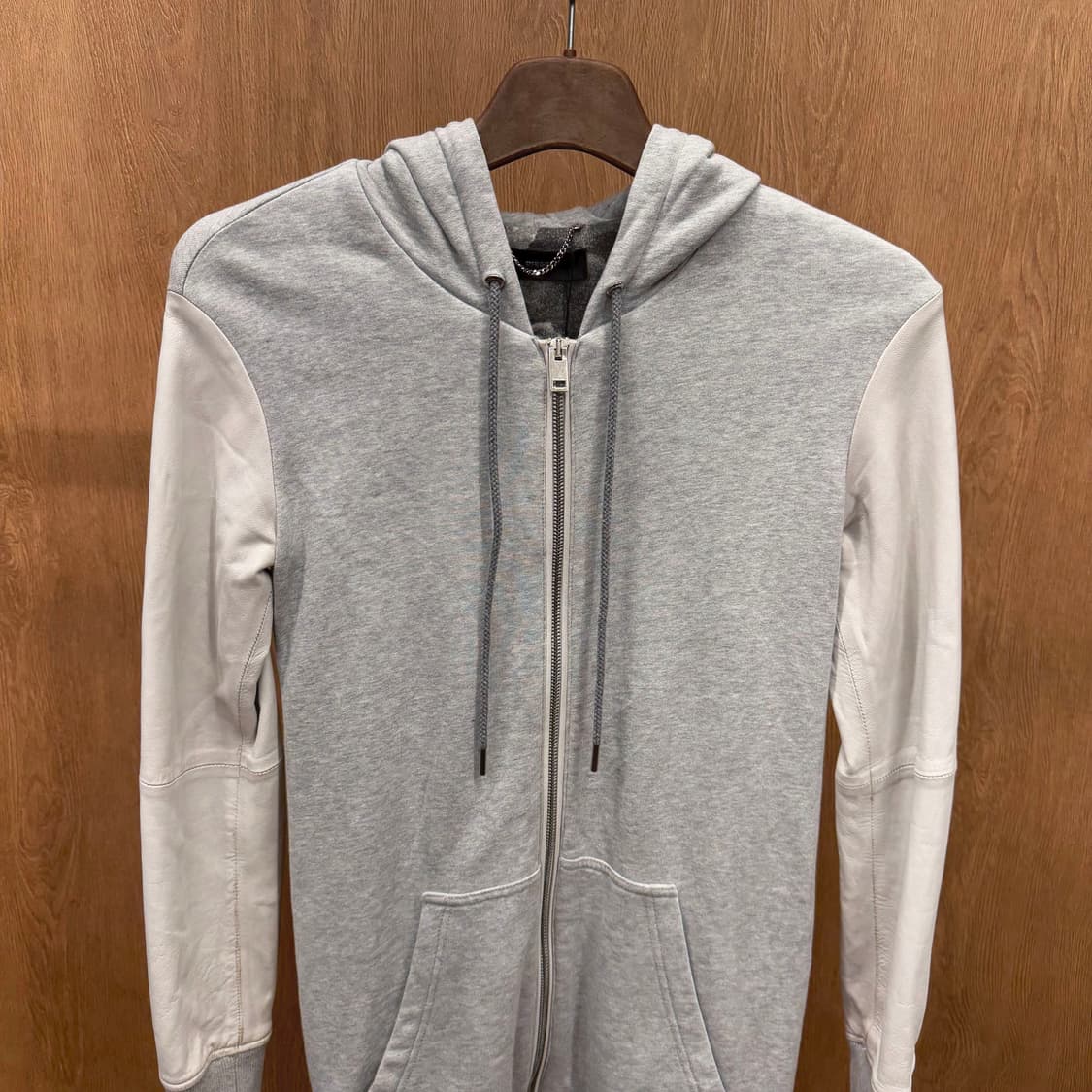 디젤 코튼 후드 집업 자켓 화이트 레더 슬리브 배색 스트링 디테일 그레이 상품이미지4