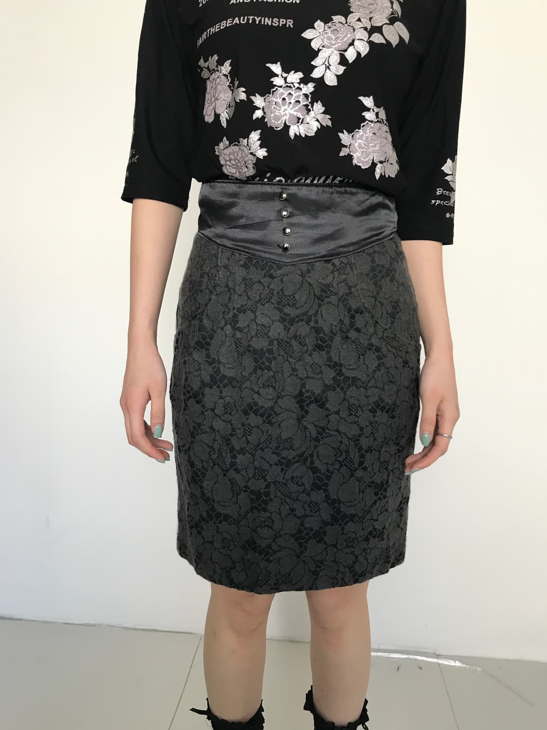 (Vintage)Lace button slim skirt 상품이미지5