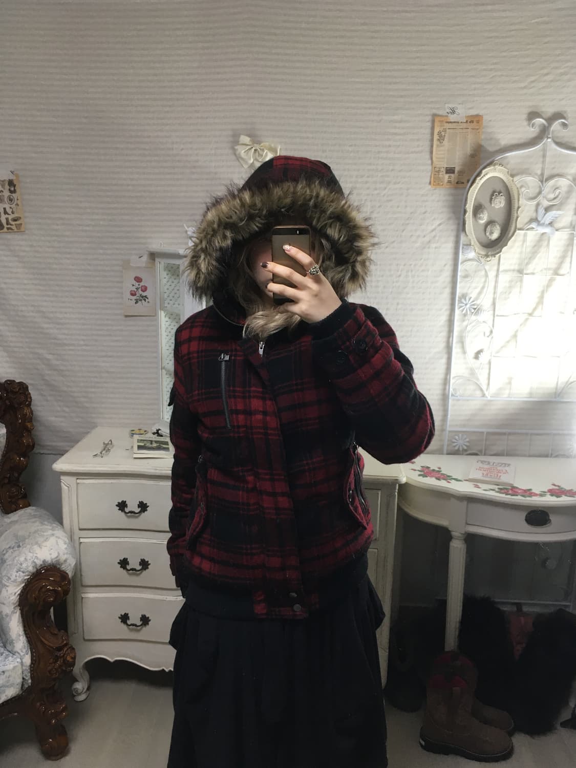 일본빈티지 레드 타탄 체크 퍼 후드 점퍼 블루종 상품이미지5