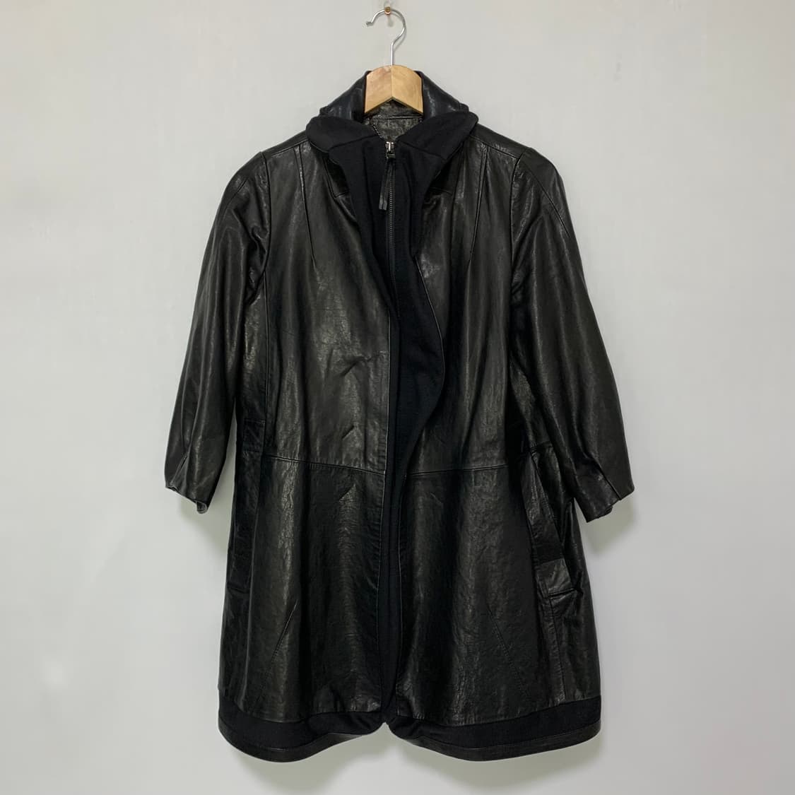 빈티지 블랙 리얼레더 후드st 집업 배색 롱 양가죽자켓 남녀공용 하프코트 상품이미지5