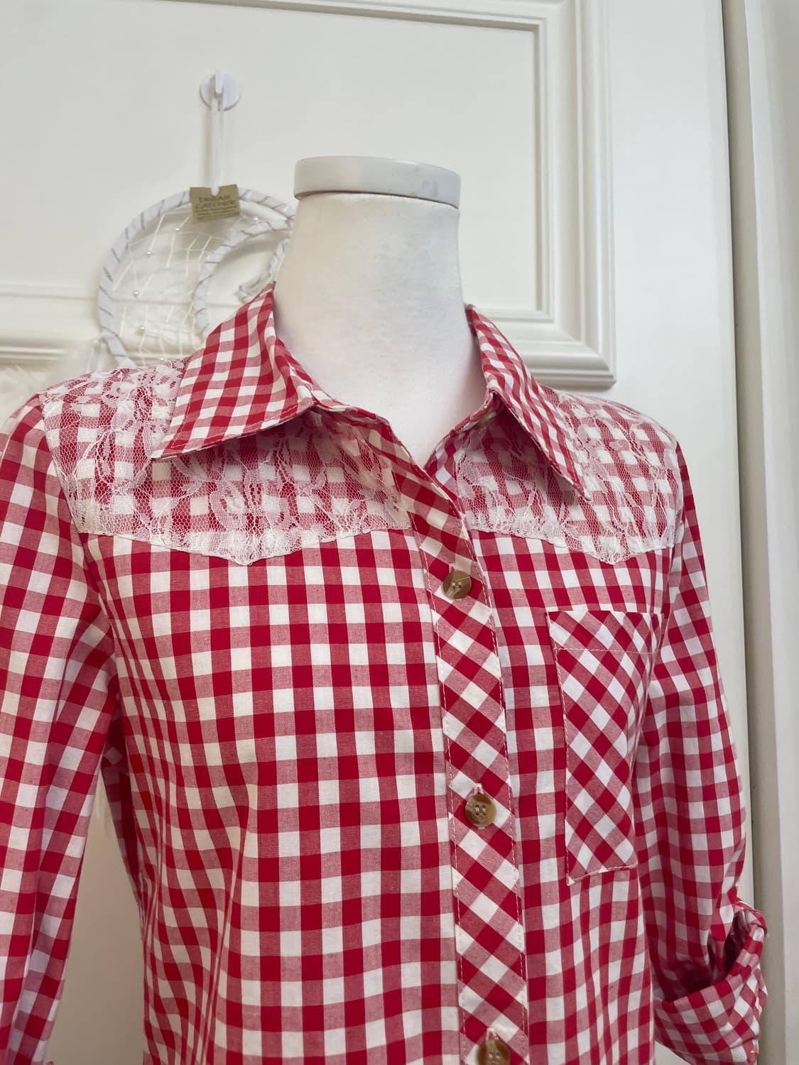 red gingham check lace point shirt 상품이미지6