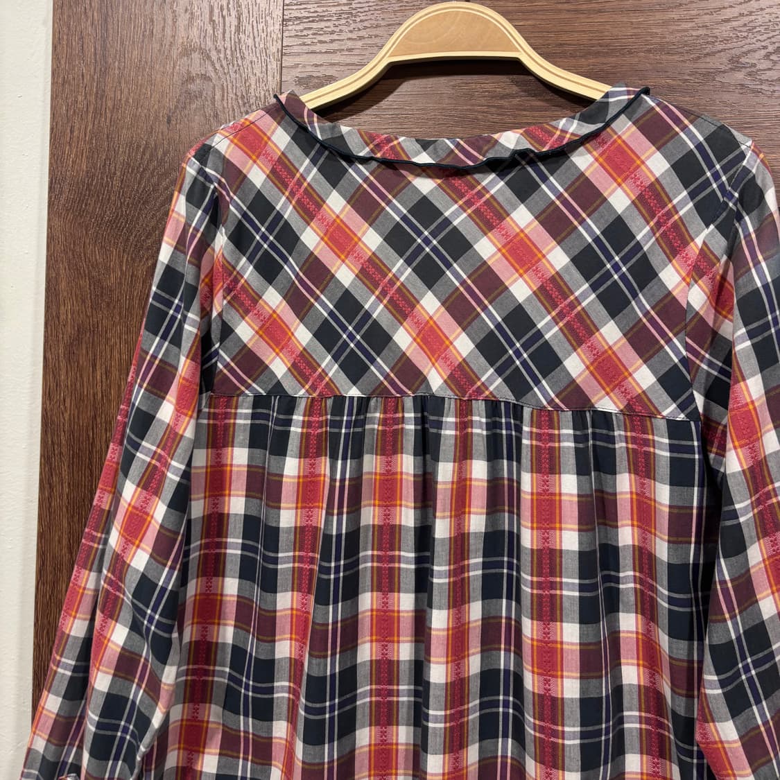 일본 빈티지 핀턱 레이어드 자수 체크 셔츠 블라우스 모리 너드 상품이미지5