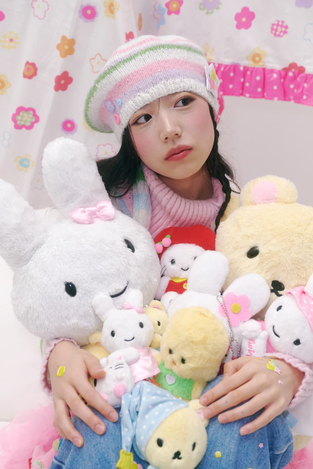 스윙셋 스트라이프 버튼 니트 베레모 (파스텔) 상품이미지2