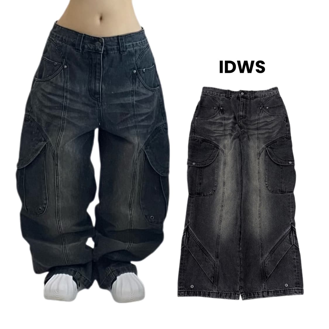 IDWS 아이돈워너셀 멀티포켓 워싱 와이드 데님 흑청 카고팬츠 상품이미지1