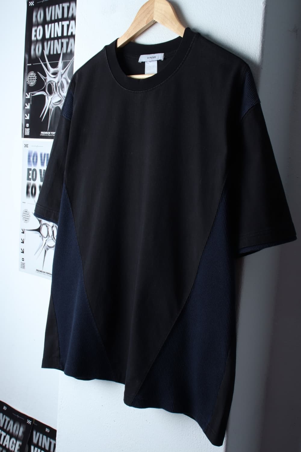 (L-2XL) 윈더 반팔 티셔츠 오버사이즈 와플 블랙 절개-H31406 상품이미지1
