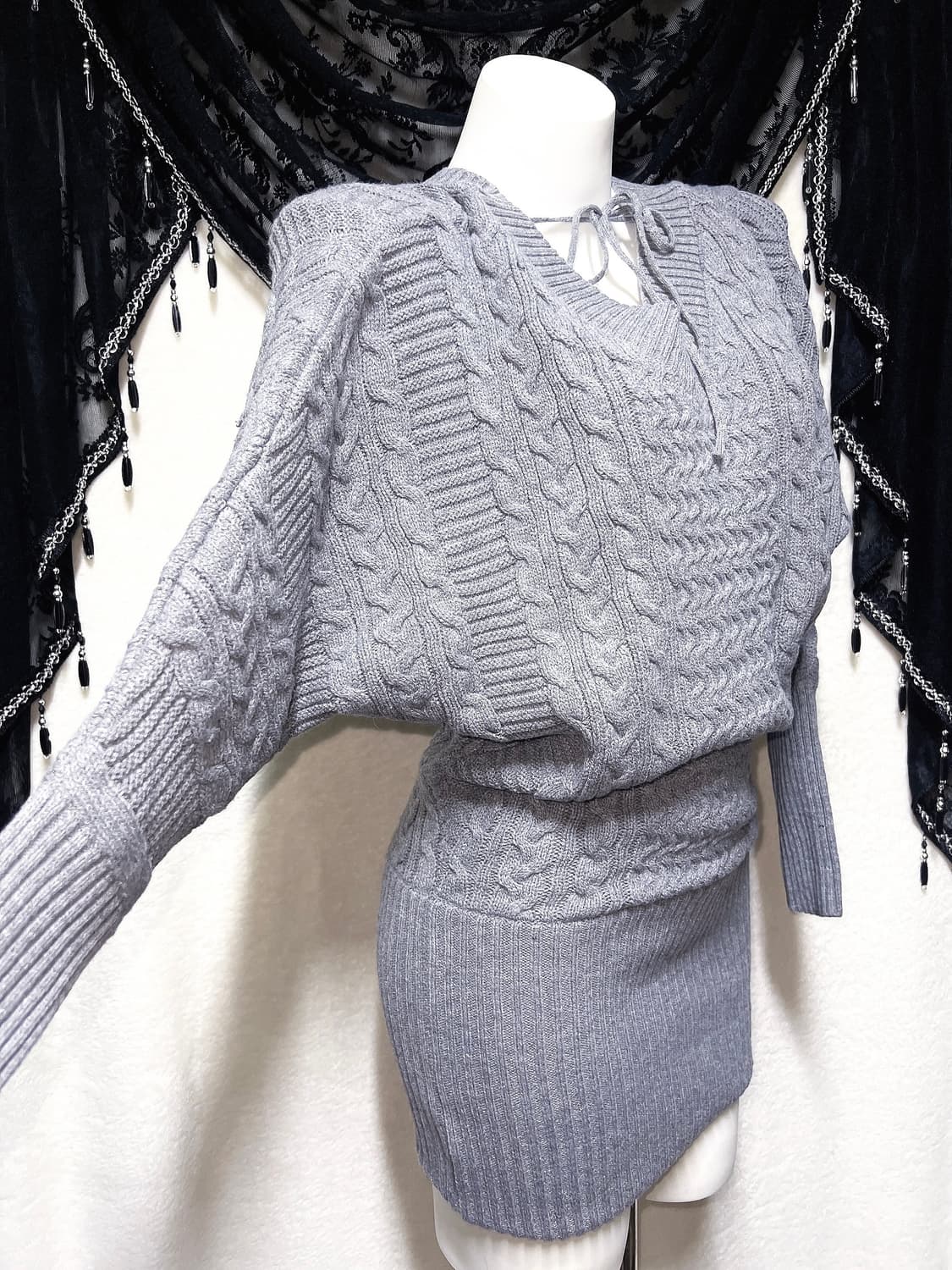 브이넥 꽈배기 니트원피스 오네갸루 로맨틱 로걀 섹시 헤이세이 시부야 핀터 상품이미지4