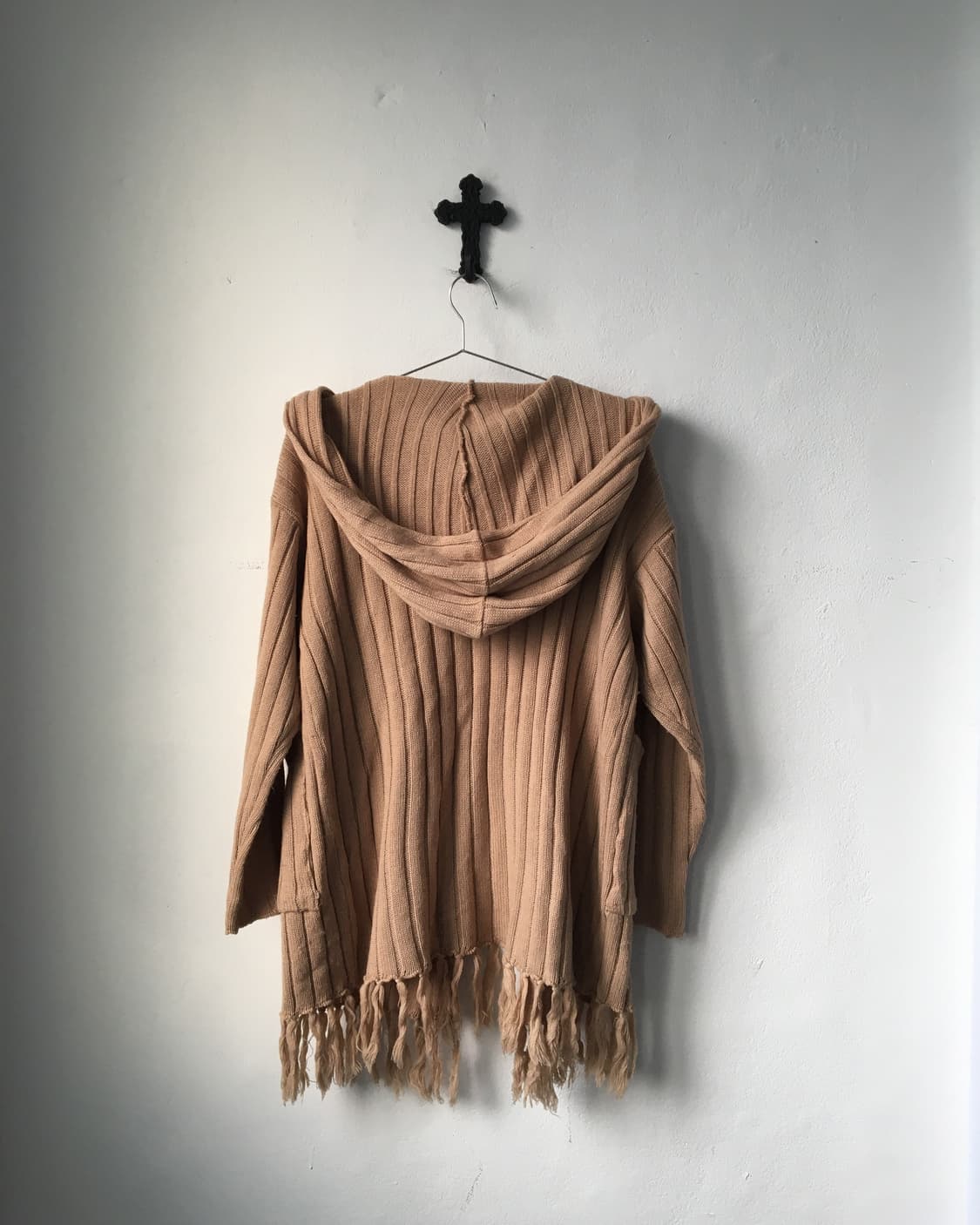Fringe woolen knit hood open cardigan 상품이미지3