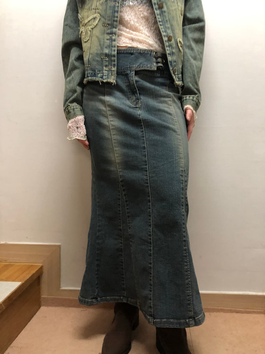 빈티지 데님 워싱 벨티드 롱 스커트 상품이미지3