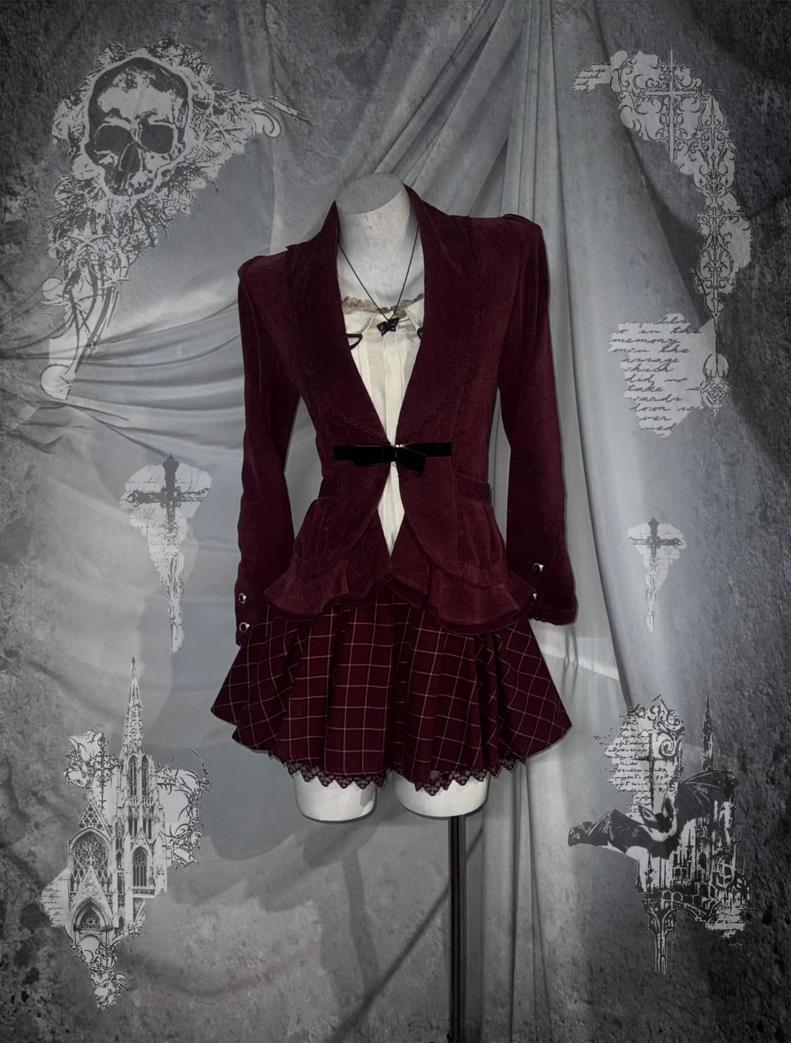 Axes Femme 엑시즈팜 버건디 체크 아일렛 프릴 블레이저 코디세트  상품이미지1