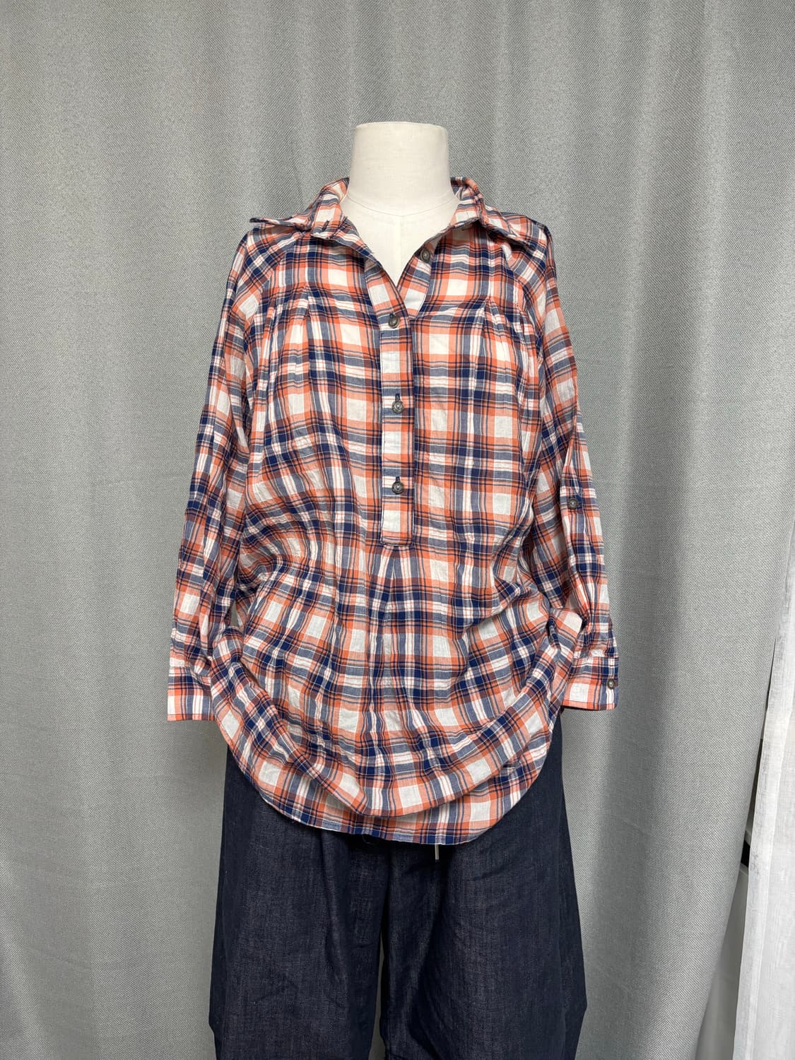  오렌지 믹스 체크 반오픈 오버사이즈 블라우스 상품이미지8