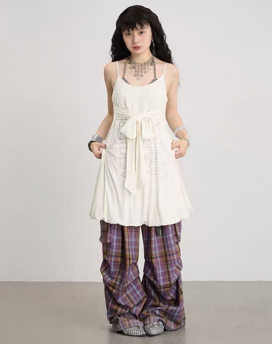 achihara 아치하라 중브 테스트매커니즘 화이트 벌룬 끈 원피스 상품이미지1