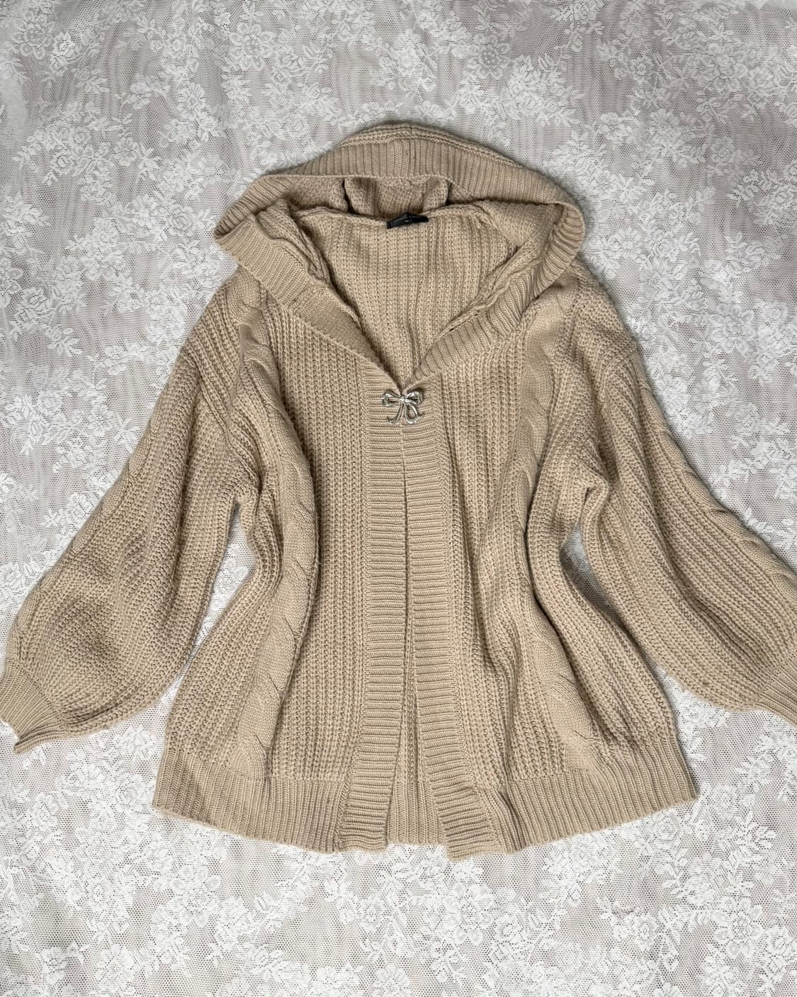 베이지 꽈배기 오버핏 후드 가디건 상품이미지4