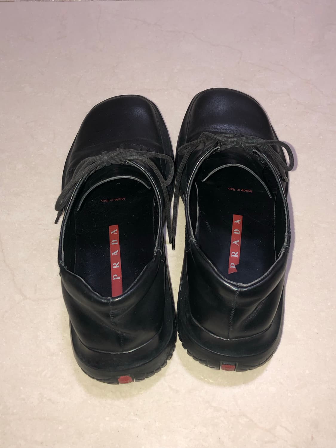 36 1/2 프라다 스포츠 블랙 레더 레이스업 스퀘어토 슈즈 로퍼 더비 상품이미지2