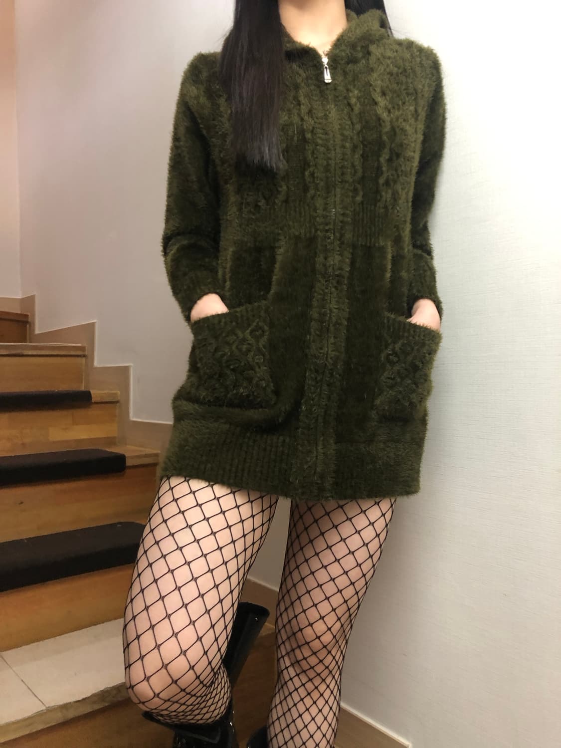 빈티지 후드 카키 롱 집업 상품이미지7