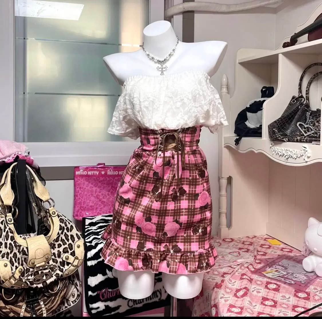 시로키티 MA*RS마즈 핑크 로즈 체크 레이스 셋업 핀터 히메 오네갸루 상품이미지1