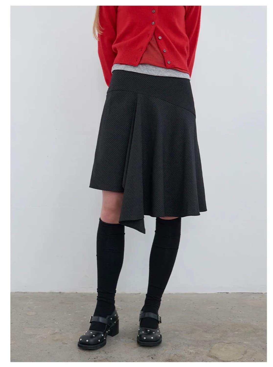 Kijun- Striped Unbalance Skirt Black 상품이미지1